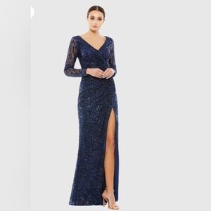 Mac Duggal Long Sleeve Ruched Sequin V-Neck Gown Midnight 8 NWT 12412 $698 Navy